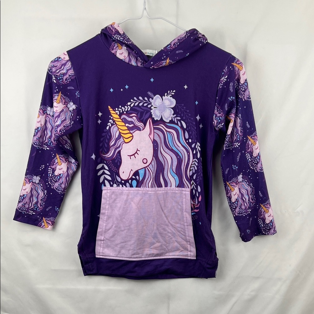 Sunshine Swing - Girl’s Hooded Top - Size 6 Purple Unicorn - Kangaroo Pocket